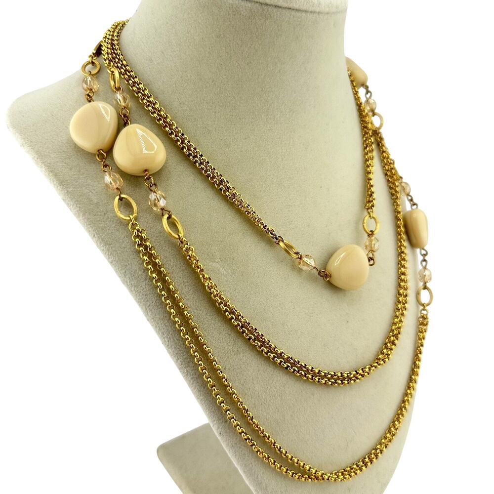 Vintage Style Glass Bead Cream Acrylic Signed Paste Gold Tone Station Necklace